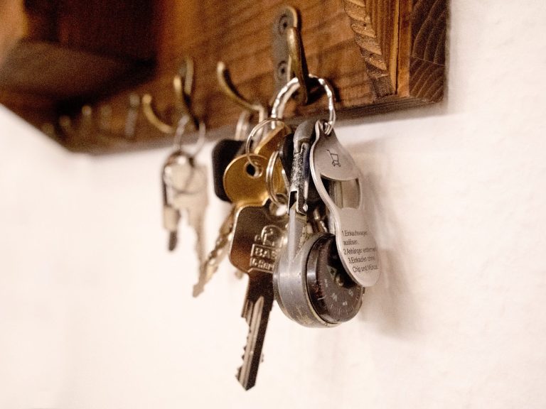 Bild zweier Schlüsselbunde (an einem hängt ein Einkaufswagenchip) am Schlüsselbrett hängend